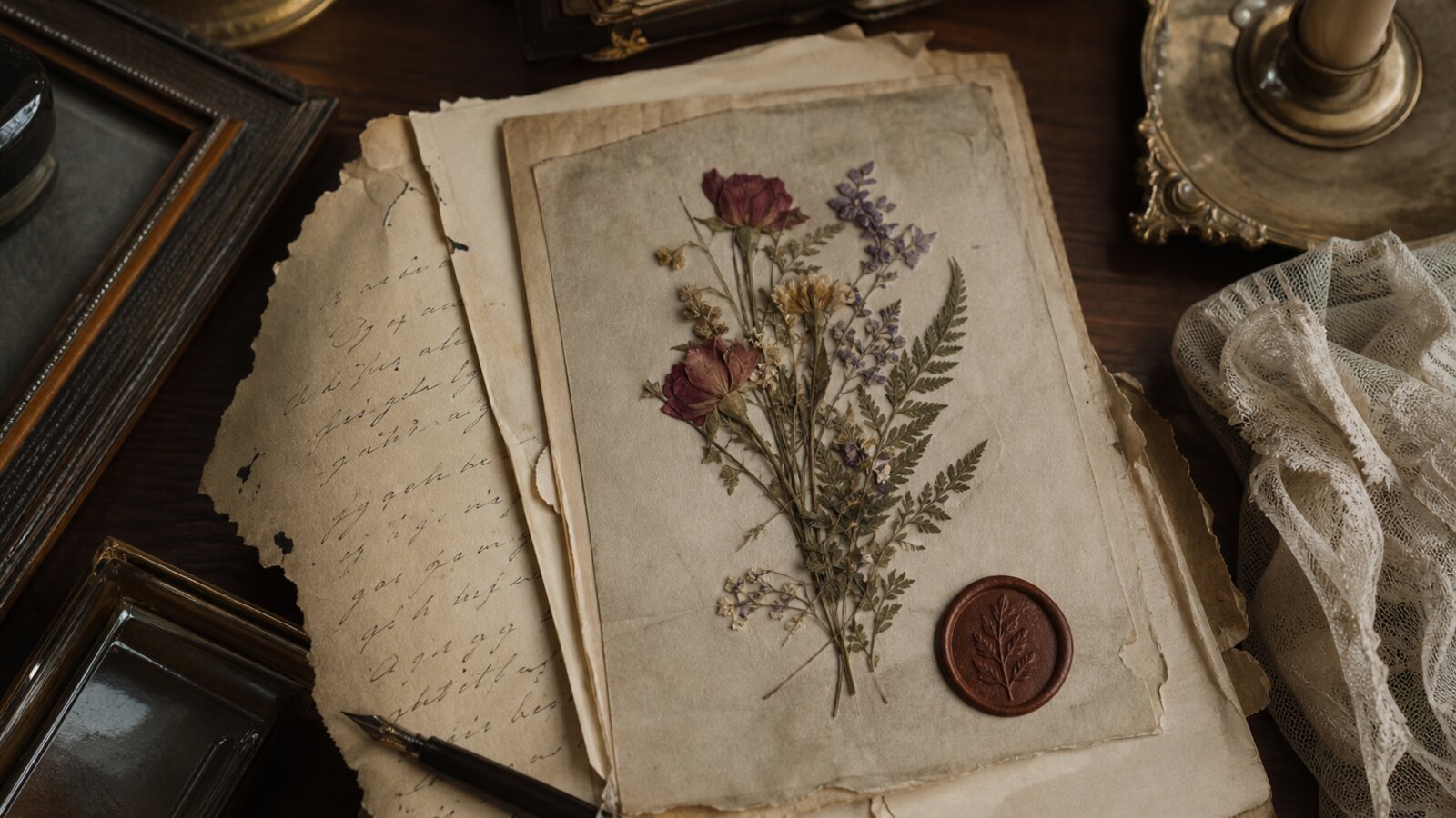 Naturaleza muerta victoriana con carta y flores prensadas