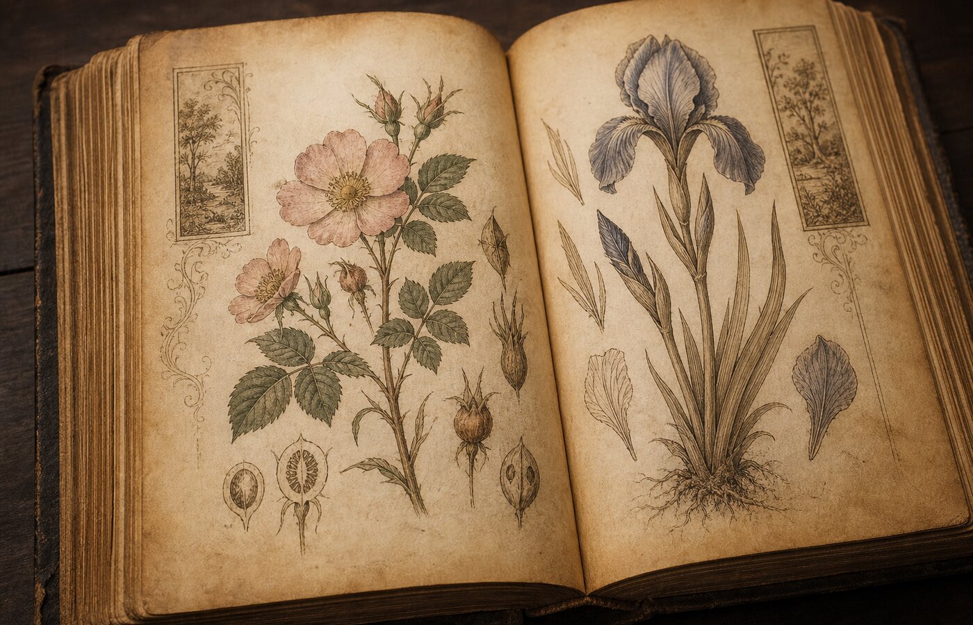 Página de un manual antiguo de florografía con ilustraciones botánicas y caligrafía sepia