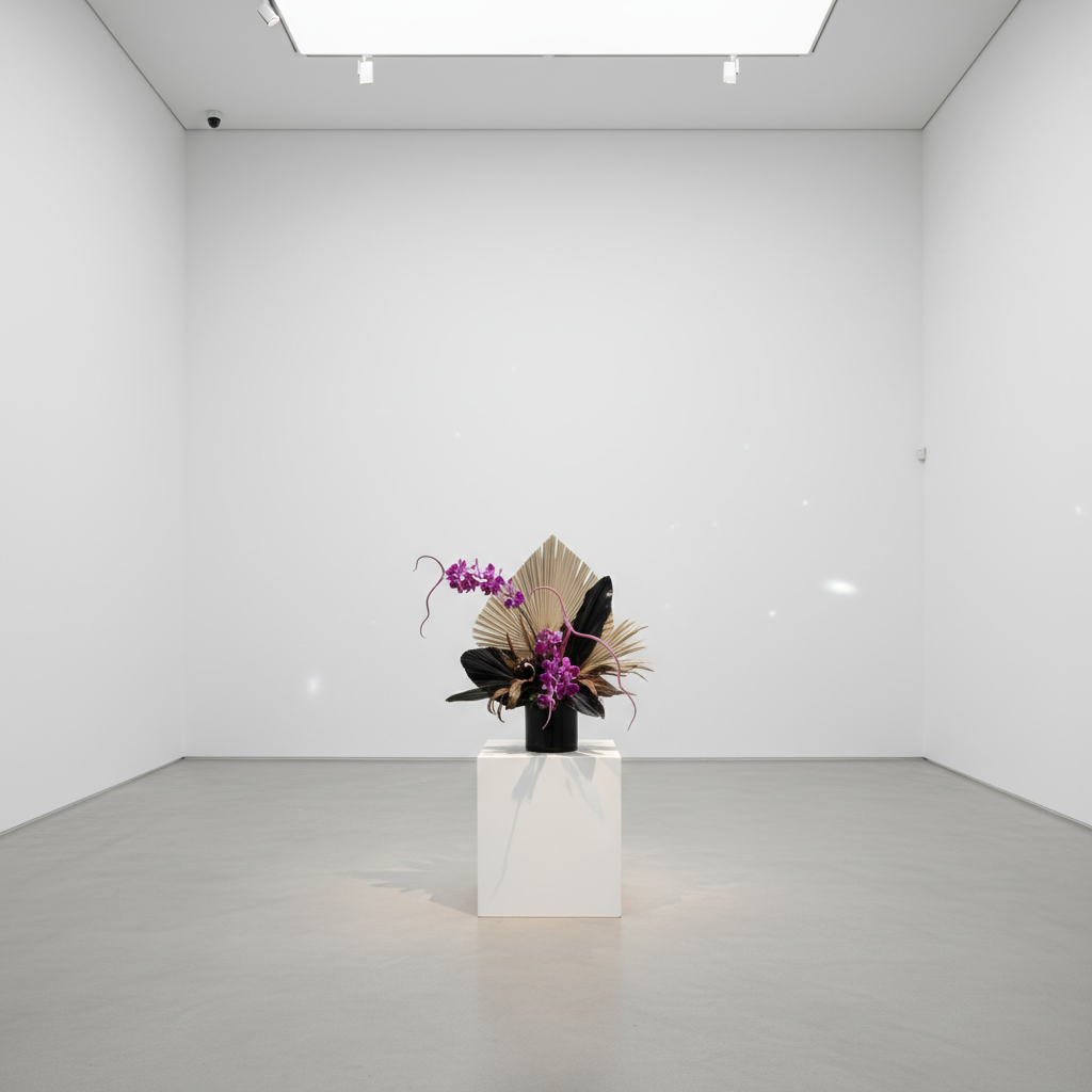 Escultura floral minimalista en galería de arte